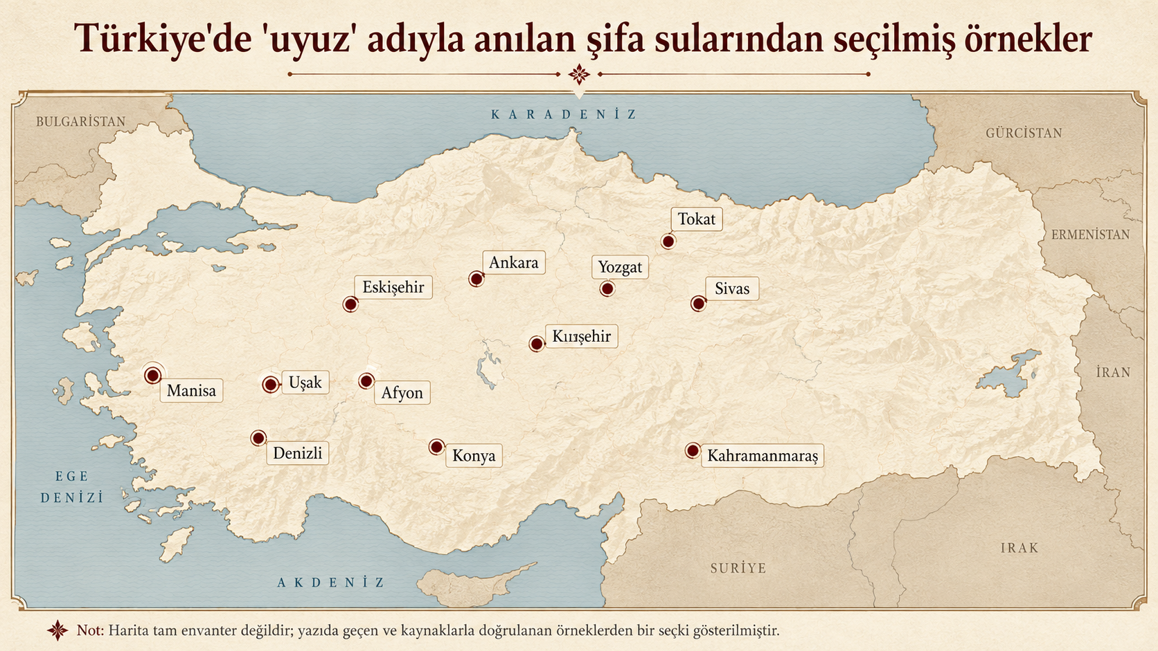 Bu haritadaki örnekler rastgele seçilmiştir, envanter değildir; yazıda ele alınan ve kaynaklarla doğrulanan bazı noktaları gösterir.
