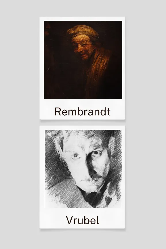 Rembrandt ve Mikhail Vrubel’den otoportre örnekleri., Not: Bahtin’in grotesk ve tamamlanmamış beden düşüncesi burada bir yorumlama çerçevesidir; “korkunç” ve “ürkütücü” nitelemeleri yazarın yorumudur.