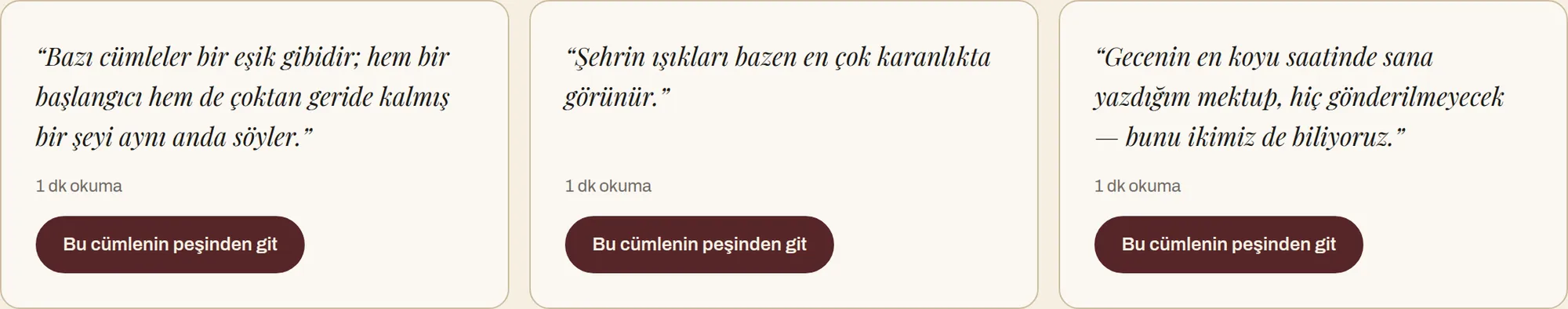 Yazar ve başlık gizli, yalnız birer cümle taşıyan üç kart