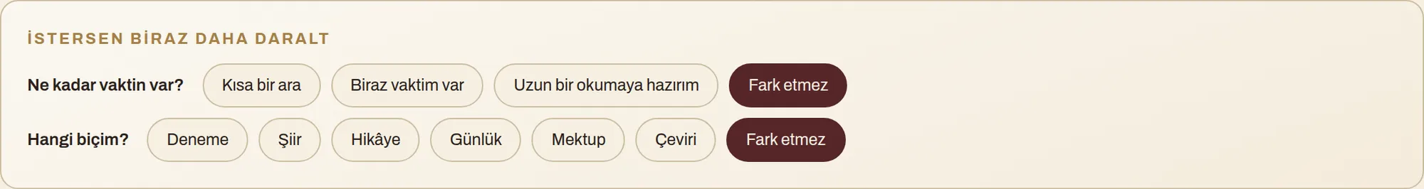 Daraltma alanı: ne kadar vaktin var ve hangi biçim soruları, süre ve tür seçenekleriyle