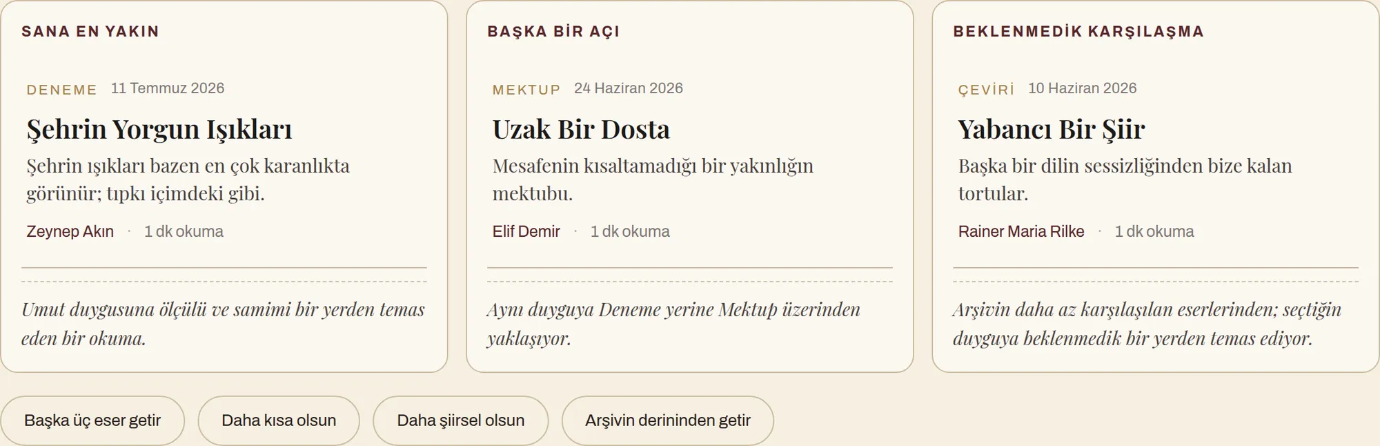 Seçilen duyguya göre açılan üç eser kartı