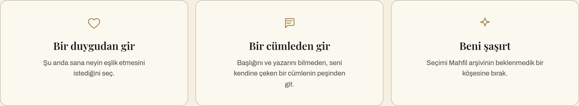 Keşfet sayfası: Bir duygudan gir, Bir cümleden gir ve Beni şaşırt kapıları