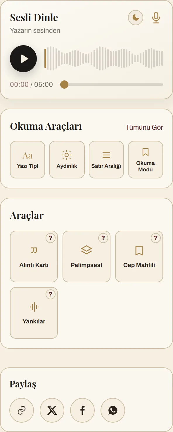Okuma yardımcıları çubuğu: yazı tipi, aydınlık, satır aralığı, okuma modu ve kaydetme araçları