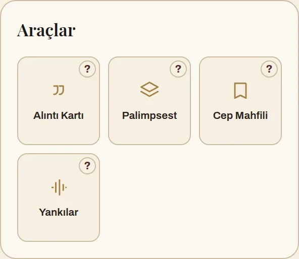 Okur araçları: alıntı kartı, palimpsest, cep mahfili ve yankılar döşemeleri