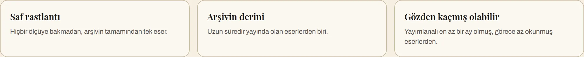 Beni şaşırt modları: rastlantıya bırak, arşivin derininden getir, gözden kaçmış bir eser