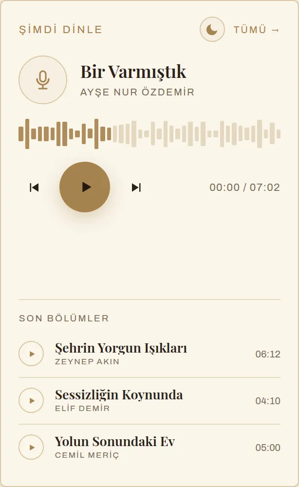 Ana sayfadaki Şimdi Dinle alanı: çalan eser, ses dalgası ve son bölümler listesi