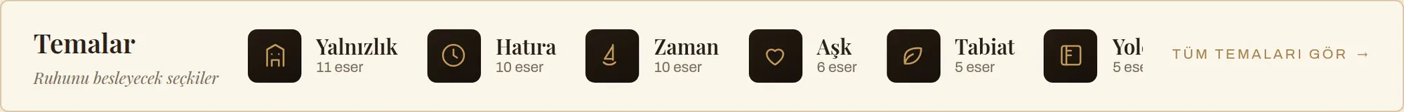 Temalar şeridi: yalnızlık, hatıra, zaman, aşk ve tabiat temaları